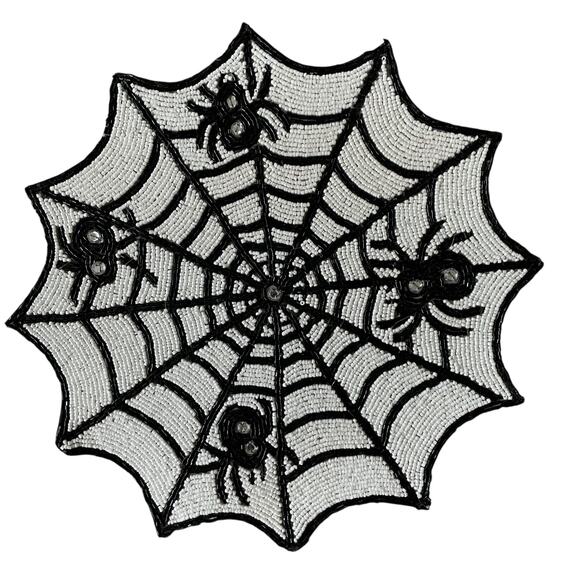 Rachel Zoe Halloween Spider Web Beaded Placemat Charger 15in Black & White NEW - Picture 1 of 13